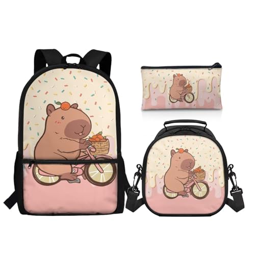 3Pcs Kid Backpack Set Backpack with Lunch Bag Pencil Case 3 Pack Set Elementary School Bag Bookbag 17 Inch Daypack Cute Capybara Bookbag - color: Cartoon Print