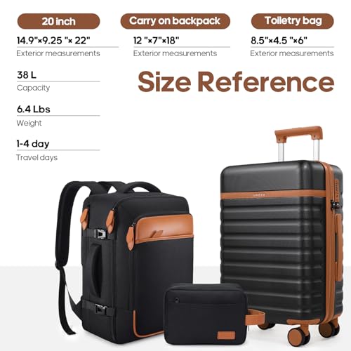 UKEIN Luggage Sets 3 Piece, Carry On Luggage 20In With Spinner Wheels,PC Hardside Suitcase Set with TSA Lock,Durable Carry On Suitcase With Travel Backpack for Men (Black, 3 piece set (20inch)) - color: Black, size: 3 piece set (20inch)