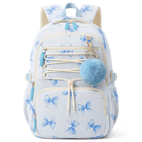 WOBAGMEN Corduroy Backpack for Kids Girls,Cute Aesthetic School Backpack with Multi-Pocket,Lightweight Bookbag Fits 15.6" Laptop,Large Capacity Casual Daypacks for Middle High School College,Blue Bow - color: Blue Bow