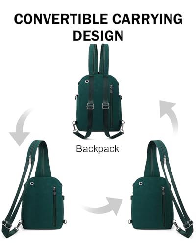 FADEON Large Sling Bag for Women, Designer Leather Crossbody Purse Convertible Sling Backpack, Anti Theft Daypack for Travel - color: Dark Green Nubuck Style