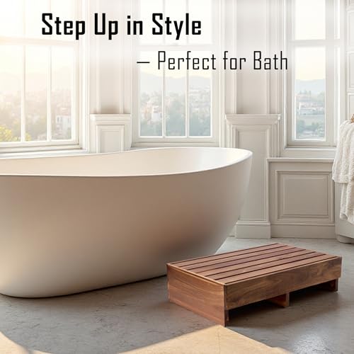 Acacia Wood Step Platform (25'' L x 16'' W x 6.5'' H, No Assembly Required), Outdoor Steps with Non-Skip Pads for Seniors, Wooden One Step Stool for Bed, Stair, Bathroom, Kitchen, Garden