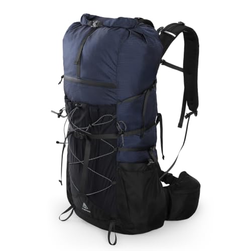 Haimont 40L+15L Roll-Top Backpacking Pack with Rain Cover, Blue | Expandable 55L, Hip Belt Support, Sleeping Pad Carry, Pole Attachments, YKK & Duraflex - color: Blue
