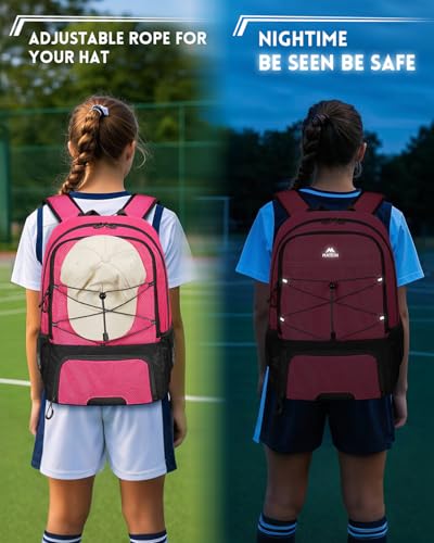 MATEIN Girls Soccer Backpack, Large Basketball Bag with Ball Holder & Shoe Compartment for Tournament & Game Day, Lightweight Youth Sports Bag with Fence Hook Fits 15.6 Inch Laptop, Soccer Team Gifts - color: Pink