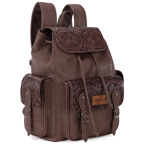 Montana West Wrangler Backpack Purse for Women Men Western Backpack Floral Tooled Travel Bags - color: Carve Coffee