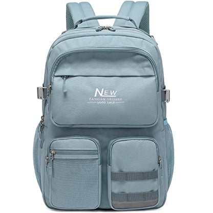 Water Resistant Backpack for Teen Girls Boys Students, Casual Multi Pockets Daypack with 15.6 inch Laptop pocket for Travel School College (Grey Blue) - color: Grey Blue With Embroidery