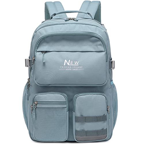 Water Resistant Backpack for Teen Girls Boys Students, Casual Multi Pockets Daypack with 15.6 inch Laptop pocket for Travel School College (Grey Blue) - color: Grey Blue With Embroidery