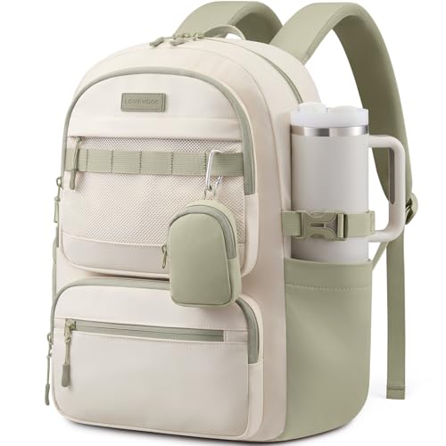 LOVEVOOK Laptop Backpack with Locking Cup Holder & Anti-Slip Strap, 15.6" Waterproof Travel Daypack Trolley Sleeve, Work College Commute Bag with Keychain Zip Pouch - color: Beige - Been Green, size: 15.6 Inch
