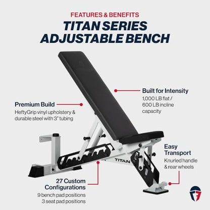 Titan Fitness TITAN Series Adjustable Bench, Supports 600 LB Incline, 1,000 LB Flat, Versatile Single Post Utility Workout Bench for Home Gym, Weightlifting, Strength Training - color: White