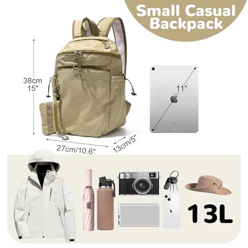13L Mini Hiking Backpack for Women, Small Lightweight Travel Backpack with Detachable Pouch, Padded Cute Casual Daypack for Outdoor Daily, Khaki