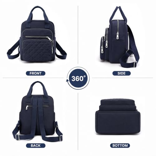 Small Backpack for Women Casual Quilted Square Bag Waterproof Multi Pockets Daypack Lightweight Top Handle Satchel - color: Dark Blue