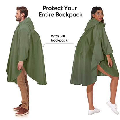 PTEROMY Hooded Rain Poncho for Adult with Pocket and Zipper, Waterproof Lightweight Raincoat for Men and Women - color: Green