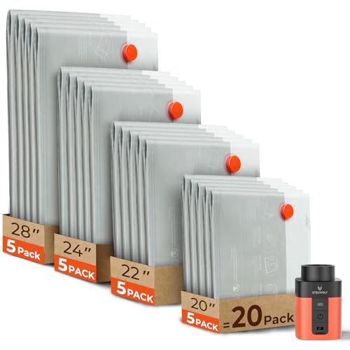 ETENWOLF 20 Pack Vacuum Seal Bags for Clothing with Rechargeable Wireless Pump,Travel Vacuum Storage Bags for Luggage and Suitcase Space Saver Compression Bags in 4 Carry-On Sizes (20/22/24/28Inch) - size: 20 Combo Set