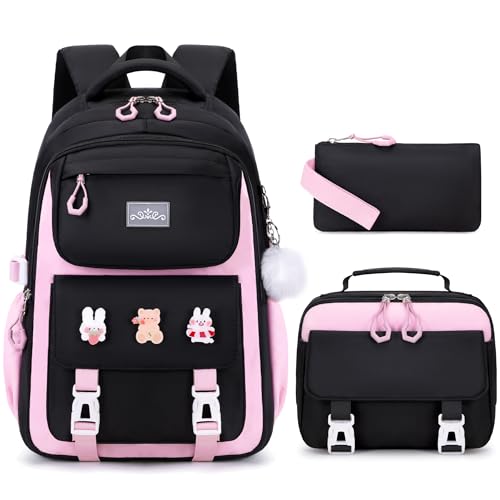 DIGOBAY 3PCS Girls Backpack for School, Kids Backpack for Girls with Lunch Box Pencil Case Set for Teen Girl Elementary Primary Middle High College School Bookbag with Cute Pins (Black-Pink) - color: Black-pink