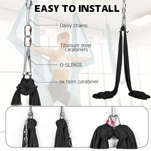 Aerial Silks Kit & Aerial Yoga Hammock - 11Yd Premium Fabric with Hardware - Easy Setup for Flying Yoga, Aerial Swing & Fitness - Supports Up to 14ft Rigging - color: Black