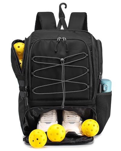Pickleball Bag Large Sports Pickleball Backpack Fits 4+ Paddles with Wet Shoe Compartment and Fence Hook for Men Women - color: Black