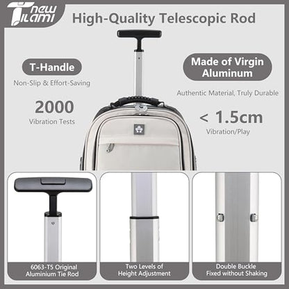 NEW TILAMI 19 Inch Rolling Backpack with 360 Rotating Universal Wheel, Large Organizer Compartments, Adjustable Handle, Carry on for School Students Business Travel, White Clear Shadow - color: White