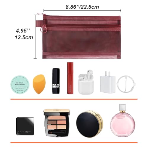 Mesh Cosmetic Bags, 4pcs Nylon Makeup Pouches with Double Zippers for Home Office Purse Diaper Bag (Burgundy) - color: Burgundy