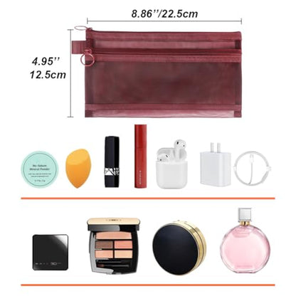 Mesh Cosmetic Bags, 4pcs Nylon Makeup Pouches with Double Zippers for Home Office Purse Diaper Bag (Burgundy) - color: Burgundy