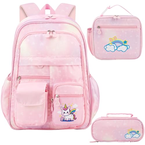 School Backpack for Girls Rainbow Kids Backpack Cute Backpack for Back to School Laptop Travel Bag (3sets-Pinks) - color: 3sets-pinks