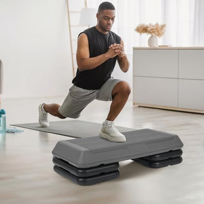 F2C 28.5" Aerobics Platform for Total Body Fitness 4" - 6" - 8" Height Adjustable with 4 Risers Home Workout Exercise Stepper Black/Gray
