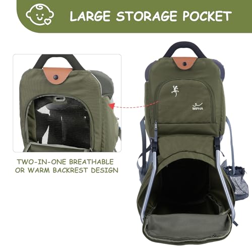 WIPHA Baby Backpack Carrier, Comfort Toddler Carrier Hiking Backpack with Canopy, Adjustable Lightweight Child Carrier - color: creeper III green
