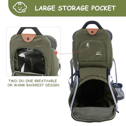 WIPHA Baby Backpack Carrier, Comfort Toddler Carrier Hiking Backpack with Canopy, Adjustable Lightweight Child Carrier - color: creeper III green
