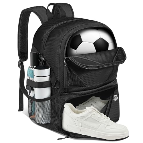 Soccer Backpack with Seperate Compartment, Water Resistant Sport Bags fit for Basketball, Volleyball, Football - color: Black
