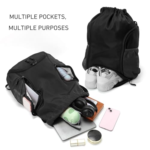 Valleycomfy Sports Gym Bag Drawstring Backpack with Shoes Basketball Bag and Two Water Bottle Holder,Black - color: Black