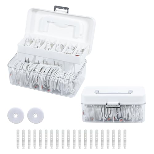 2 Pack Cable Storage Box with Lid, Plastic Cord Organizer Box for Desk Drawer, Large Home Office Supplies Case with Removable Dividers for Phone Charger, Wires, Art Crafts - size: 2 Pack
