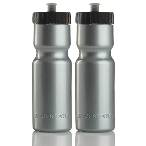 Bike Water Bottle Holder & Bottle Combo – 2-Pack 22 oz Sports Squeeze Bottles with Pull Top Cap & Easy-Install Bike Cage – Made in USA – 50 Strong Brand - color: Silver Bottle + Cage