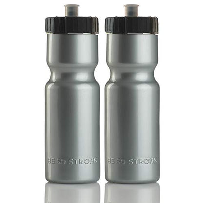 Bike Water Bottle Holder & Bottle Combo – 2-Pack 22 oz Sports Squeeze Bottles with Pull Top Cap & Easy-Install Bike Cage – Made in USA – 50 Strong Brand - color: Silver Bottle + Cage