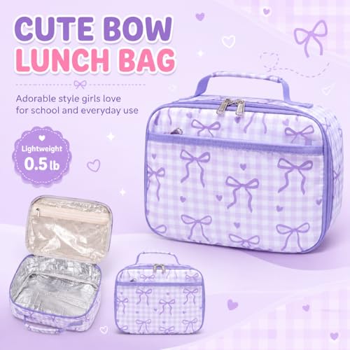 LEDAOU Lunch Box Kids Insulated Lunch Bag Girls Boys Toddler Reusable Lunchbox for School Picnic Hiking (Checkered-Purple Bow) - color: Checkered-Purple Bow