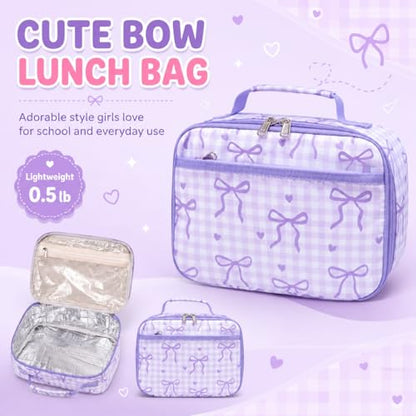 LEDAOU Lunch Box Kids Insulated Lunch Bag Girls Boys Toddler Reusable Lunchbox for School Picnic Hiking (Checkered-Purple Bow) - color: Checkered-Purple Bow