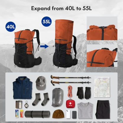 Haimont 40L+15L Roll-Top Backpacking Pack with Rain Cover, Orange | Expandable 55L, Hip Belt Support, Sleeping Pad Carry, Pole Attachments, YKK & Duraflex - color: Orange