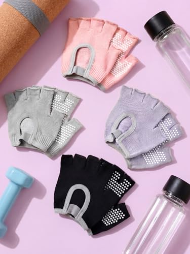 Fourluoo 4 Pairs Pilates Gloves with Grips for Women Non Slip Cotton Fingerless Silicone Yoga Gloves for Gym Exercise Workout Weight Training Mitten Fits Women Men - color: Black, Pink, Gray, Purple