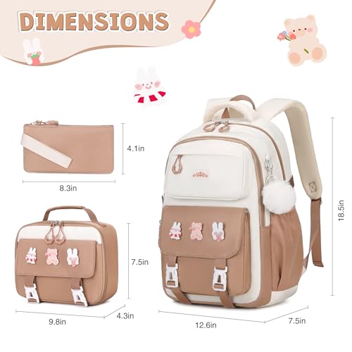DIGOBAY 3PCS Girls Backpack for School, Kids Backpack for Girls with Lunch Box Pencil Case Set for Teen Girl Elementary Primary Middle High College School Bookbag with Cute Pins (Khaki) - color: Khaki