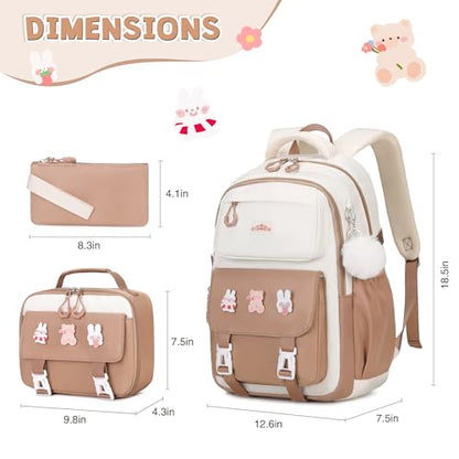 DIGOBAY 3PCS Girls Backpack for School, Kids Backpack for Girls with Lunch Box Pencil Case Set for Teen Girl Elementary Primary Middle High College School Bookbag with Cute Pins (Khaki) - color: Khaki