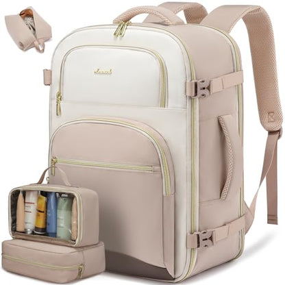 LOVEVOOK Travel Essentials Carry on Backpack 40L Travel Backpack for Women Men,Waterproof TSA Personal Item Travels Bag Airline Flight Approved,Large Carry on Luggage Laptop Backpack with Packing Cube - color: Off-white - Grayish Pink - Dark Brown, size: