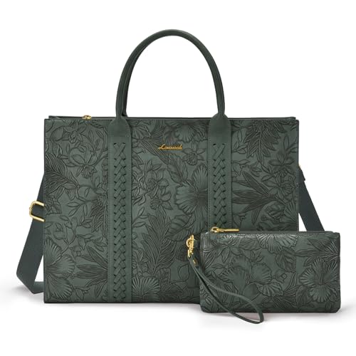 LOVEVOOK Laptop Tote Bag for Women, Vintage Leather Work Bags 17 Inch Laptop Bag, Waterproof Computer Bag Business Office Briefcase Shoulder Handbag With Cup Holder, Green Embroidery - color: Green Embroidery, size: 17 Inch