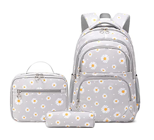 3Pcs Flower Daisy Backpack for Girls with Lunch Box Kids School Bag - color: 3pcs-gray