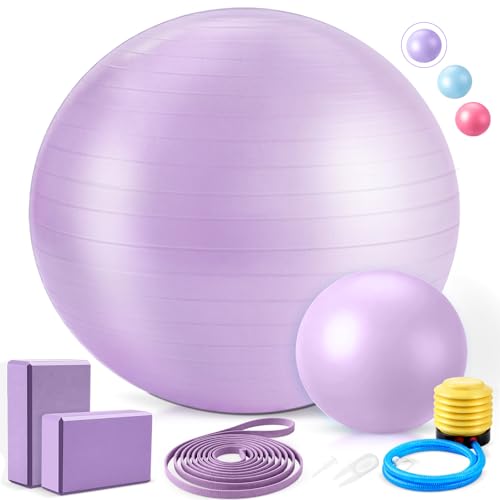 Pilates Set with 2 Yoga Exercise Balls (25.6”&9.8”), Yoga Block, Stretch Strap & Foot Pump, Stability Fitness Ball Kit for Home Gym Equipment Workout Pregnancy Physical Therapy - color: Purple