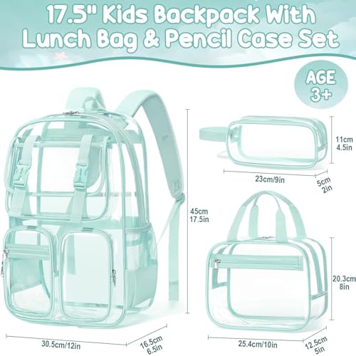 Fimibuke Clear Backpack for Girls - 3 PCS Heavy Duty Kids Clear Bags Schoolbag Large Transparent PVC Bookbag with Lunch Box Pencil Case Set for Travel School Concert Stadium Events Backpacks - color: mint green