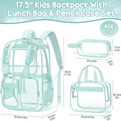 Fimibuke Clear Backpack for Girls - 3 PCS Heavy Duty Kids Clear Bags Schoolbag Large Transparent PVC Bookbag with Lunch Box Pencil Case Set for Travel School Concert Stadium Events Backpacks - color: mint green