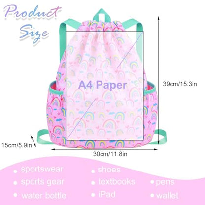 RHCPFOVR Drawstring Backpack for Kids - Rainbow Bags for Girls Mini Gym Dance Beach Swim Travel Bag With Two Water Bottle Holder - color: Rainbow