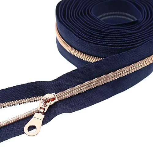 #5 Rose Gold Metallic Nylon Coil Zippers by Yard Bulk Coil Zipper Roll 10 Yards with 25pcs Silver Pull for DIY Sewing Craft Bag(Navy Blue) YIGUANXIN - color: Navy Blue- Rose Gold