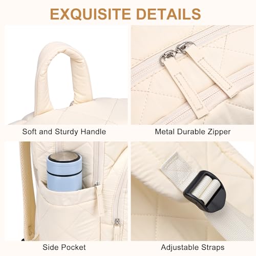 ZUBOND Backpack for Women, Quilted Puffer Casual Daypack, College School Backpack for Girls, Water-Resistant Bookbag for 15.6 Inch Laptop - color: Beige