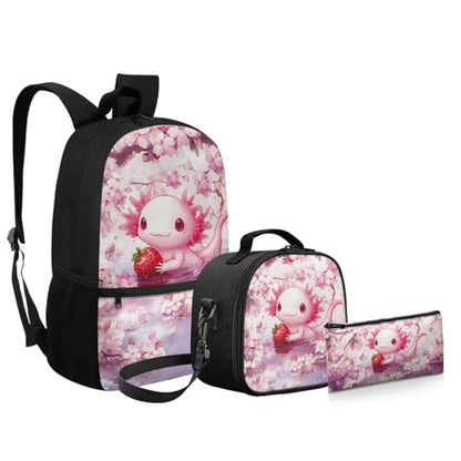 Cute Axolotl Backpack for Girls Kids School Bookbag Satchel with Insulated Lunch Box and Pencil Case Set 3 PCS Teen Middle School Backpacks - color: Axolotl Strawberry