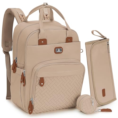 Dikaslon Diaper Bag Backpack with Portable Changing Pad, Pacifier Case and Stroller Straps, Large Unisex Baby Bags for Boys Girls, Multipurpose Travel Back Pack for Moms Dads, Milk Tea Khaki - color: Light Khaki