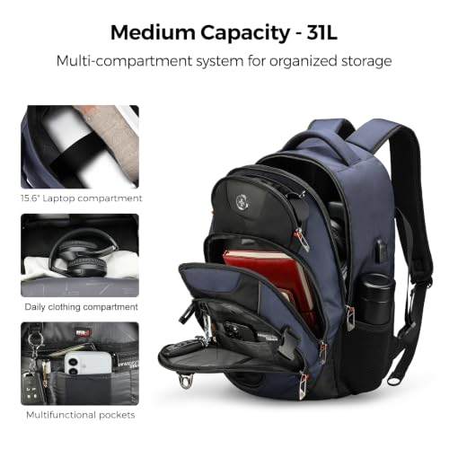 Swissdigital Design Travel Laptop Backpack for Men with USB SD803-12 - color: Black/Blue