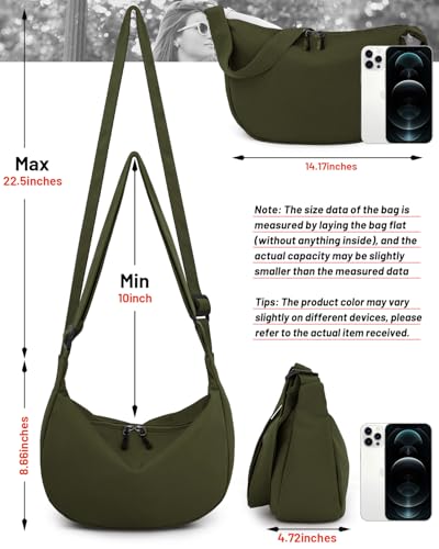 Crossbody Crescent Bag for Women Men Trendy, Crescent Sling Bag with Adjustable Strap, 2 Zippers Lightweight - color: Olive Green